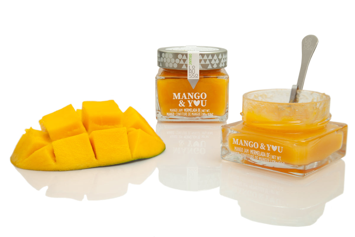 Gem ecologic de mango LoRUSSo 305 g, prezentat în borcan închis și deschis, alături de mango proaspăt