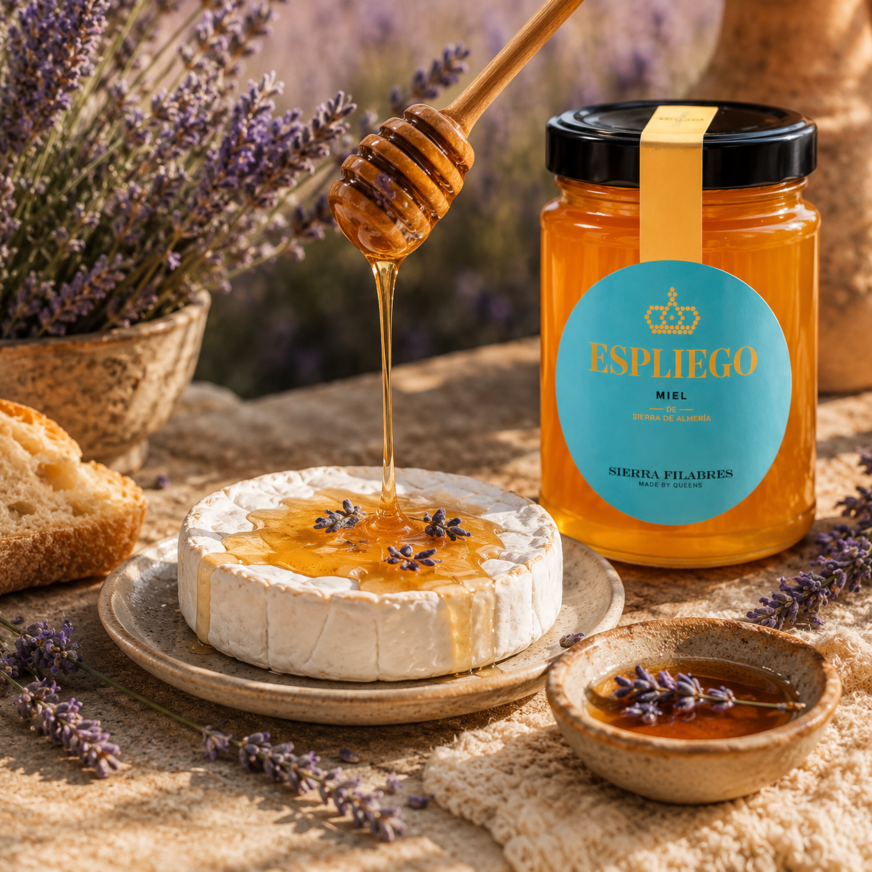 Miere de lavandă premium servită cu brânză fină și flori de lavandă într-un decor mediteranean.