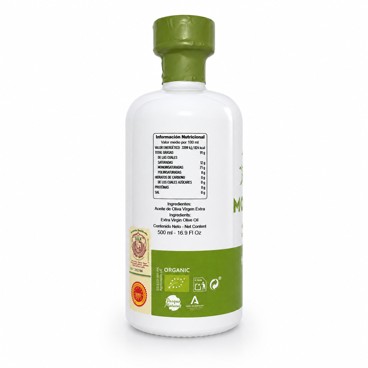 Eticheta și informațiile nutriționale ale uleiului ecologic Morellana Hojiblanca, 500 ml