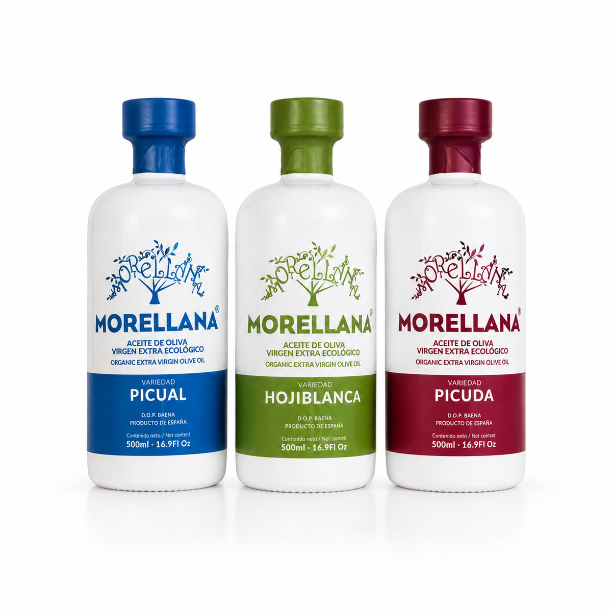 Pachet Morellana cu ulei de măsline extravirgin ecologic Picual, Hojiblanca și Picuda, 3 x 500 ml