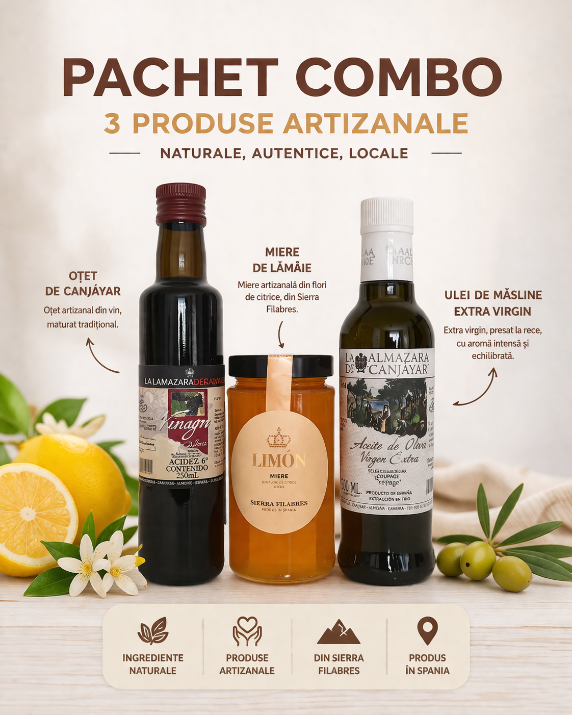 Pachet artizanal din Spania cu ulei de masline extravirgin, miere de lamaie si otet de vin - Gador