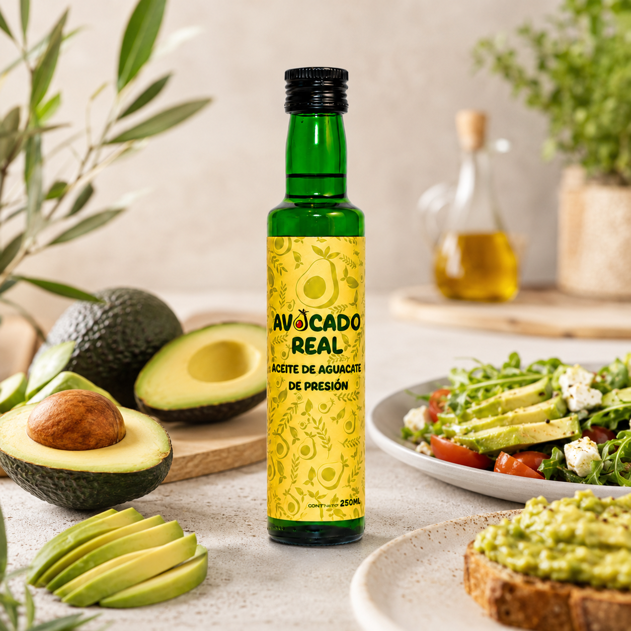 Ulei de avocado virgin extra Avocado Real 250 ml, prezentat alături de avocado proaspăt, salată și toast cu avocado
