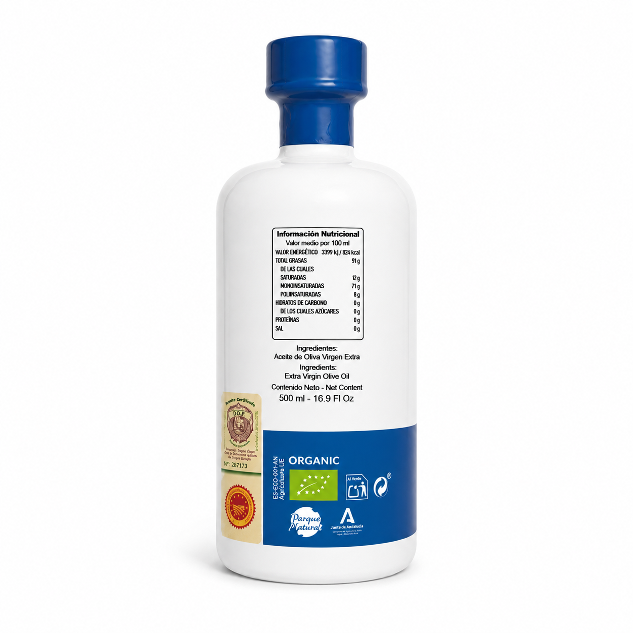 Eticheta și informațiile nutriționale ale uleiului ecologic Morellana Picual, 500 ml
